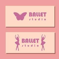 Theatre ticket design. Ballet school flyer template. Ballerina silhouette in the tutu and pointe shoe with butterfly. Brown and purple card design. Vector illustration