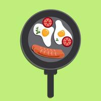 Fried eggs with tomato, and sausage on a cooking pan with a handle. Papercut farm products. Vector illustration