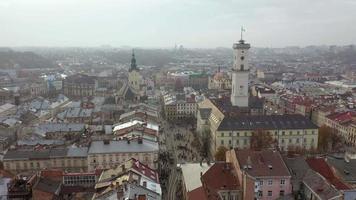 Aerial view of the historical center of Lviv. Shooting with drone. Hyperlapse video