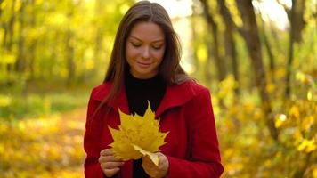 Porträt von ein schön lächelnd Mädchen mit ein Gelb Ahorn Blatt im das Vordergrund im das Herbst Wald. schleppend Bewegung video