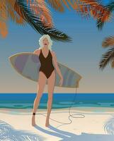 Girl on the ocean with a surfboard. Vector. vector