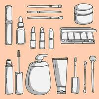 Big vector set of different hand-drawn packages for decorative cosmetics isolated on the background. Blank template of containers for eye shadow, lipstick, mascara. Doodle style