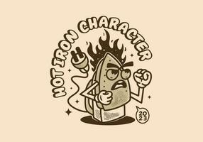 Vintage mascot character design of Electric iron with angry face and flames vector