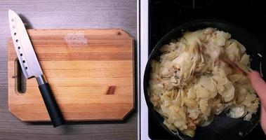 Frying potatoes and onions in a deep pan, top view. video