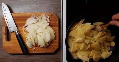 frituren aardappelen en uien in een diep pan, top visie. video