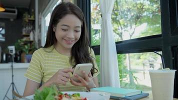 working woman, Portrait of smiling Asia girl in work clothes using mobile phone, freelance, out site, research, copy space, happy cheerful cute business, positive energy, Business plan video
