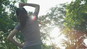 Gezondheid zorg vrouw inspannen Aan de park. Aziatisch vrouw aan het doen opdrachten in ochtend. evenwicht, recreatie, ontspanning, kalm, mooi zo Gezondheid, Vrolijk, kom tot rust, gezond levensstijl, verminderen spanning, vredevol, houding. video