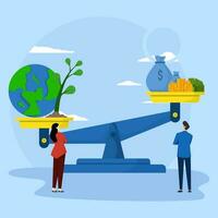 Concept of Money and planet earth in weighing bowl. Bag of money, stack of currency and balance of the world on scales. Save, environmental defense. Vector illustration