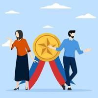 Award winning professional or expert, best office employee or specialist with skills to achieve goals, successful entrepreneur and professional entrepreneur standing with star award. vector