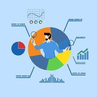 Concept of Analyzing data, financial research analytics, data analysis, charts and graphs, database reports or predictive visualization, businessman with magnifying glass analyzing pie chart data. vector
