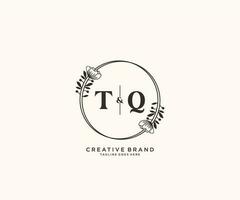 initial TQ letters hand drawn feminine and floral botanical logo suitable for spa salon skin hair beauty boutique and cosmetic company. vector