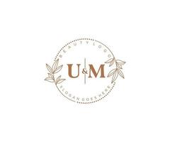 initial UM letters Beautiful floral feminine editable premade monoline logo suitable for spa salon skin hair beauty boutique and cosmetic company. vector