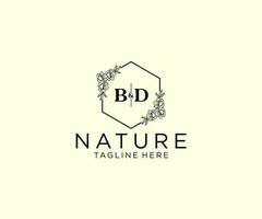 inicial bd letras botánico femenino logo modelo floral, editable prefabricado monoline logo adecuado, lujo femenino Boda marca, corporativo. vector