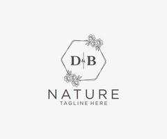 initial DB letters floral frames. Botanical feminine editable premade monoline unique decoration for greeting card, wedding invitation. vector