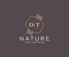 initial DT letters floral frames. Botanical feminine editable premade monoline unique decoration for greeting card, wedding invitation. vector