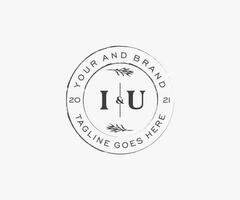 initial IU letters floral frames. Botanical feminine editable premade monoline unique decoration for greeting card, wedding invitation. vector