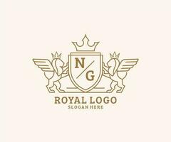 Initial NG Letter Lion Royal Luxury Heraldic,Crest Logo template in vector art for Restaurant, Royalty, Boutique, Cafe, Hotel, Heraldic, Jewelry, Fashion and other vector illustration.