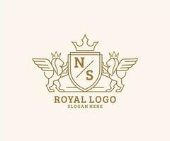 Initial NS Letter Lion Royal Luxury Heraldic,Crest Logo template in vector art for Restaurant, Royalty, Boutique, Cafe, Hotel, Heraldic, Jewelry, Fashion and other vector illustration.