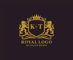 Initial KT Letter Lion Royal Luxury Logo template in vector art for Restaurant, Royalty, Boutique, Cafe, Hotel, Heraldic, Jewelry, Fashion and other vector illustration.