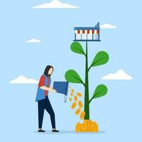 concept Develop your shop and get more profit, expand shop front or grow business, marketing to promote store revenue increase, businessman pour coin water to plant plants with big shop flowers. vector