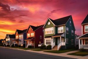 casas en residencial distrito con dramático vistoso puesta de sol cielo. ilustración ai generativo foto