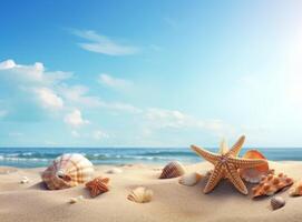 Beach sand with stars and shells. Illustration photo