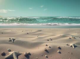 playa arena con estrellas y conchas ilustración ai generativo foto