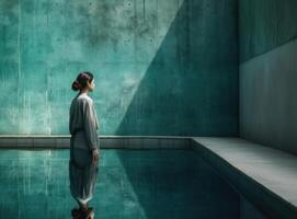 mujer en azul piscina. ilustración ai generativo foto