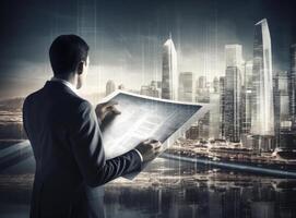 Man with tablet with digital city. Illustration photo