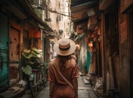 niña vistiendo un sombrero como ella camina en el estrecho calle. ilustración ai generativo foto