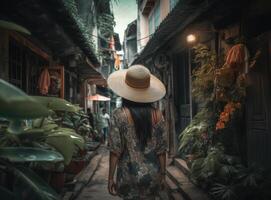 Girl wearing a hat as she walks in the narrow street. Illustration photo