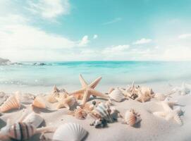 playa arena con estrellas y conchas ilustración ai generativo foto