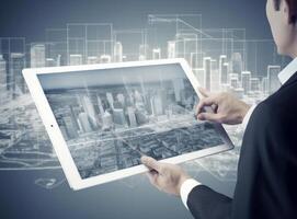 Man with tablet with digital city. Illustration photo