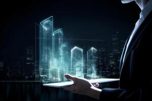 Digital tablet and a hologram of modern buildings, Illustration photo