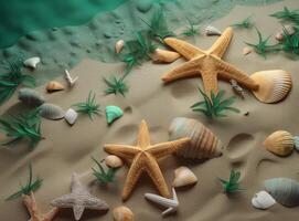Beach sand with stars and shells. Illustration photo