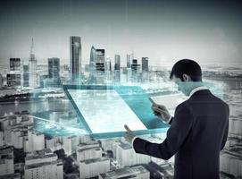 Man with tablet with digital city. Illustration AI Generative photo