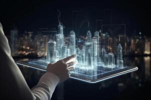 Digital tablet and a hologram of modern buildings, Illustration photo