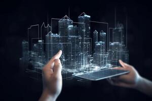 Digital tablet and a hologram of modern buildings, Illustration photo