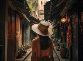 Girl wearing a hat as she walks in the narrow street. Illustration photo