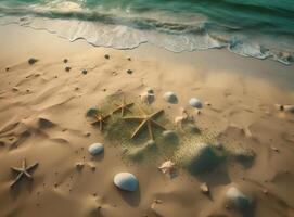 playa arena con estrellas y conchas ilustración ai generativo foto