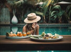 Woman eating near pool. Illustration photo