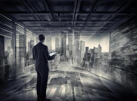 Man with tablet with digital city. Illustration photo