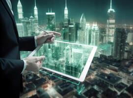 Man with tablet with digital city. Illustration photo