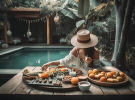 mujer comiendo cerca piscina. ilustración ai generativo foto