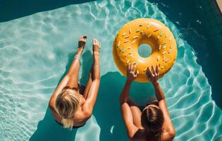 niña en verano piscina. ilustración ai generativo foto