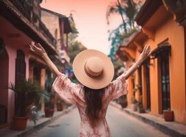 niña vistiendo un sombrero como ella camina en el estrecho calle. ilustración ai generativo foto