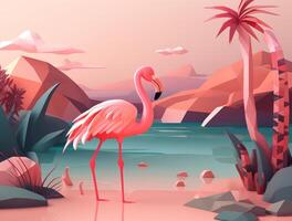 Cute summer background with pink flamingo. Illustration photo