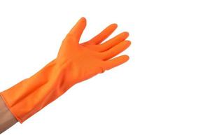 Plastic orange gloves on white background photo