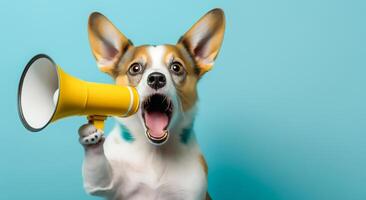 Cute dog holds a yellow loudspeaker in its shouting and announcing on a blue background, photo