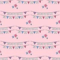 Happy Birthday colorful pattern. Vector seamless pink background with bday funny doodle flags garland. Hand drawn repeat illustration